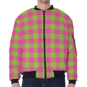 Pink And Green Buffalo Plaid Print Zip Sleeve Bomber Jacket