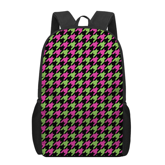Pink And Green Houndstooth Pattern Print 17 Inch Backpack