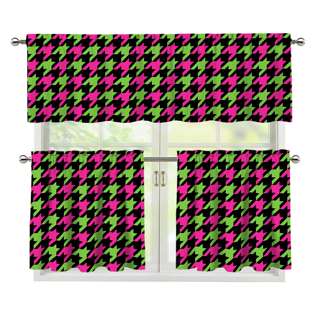 Pink And Green Houndstooth Pattern Print 3 Piece Kitchen Curtains