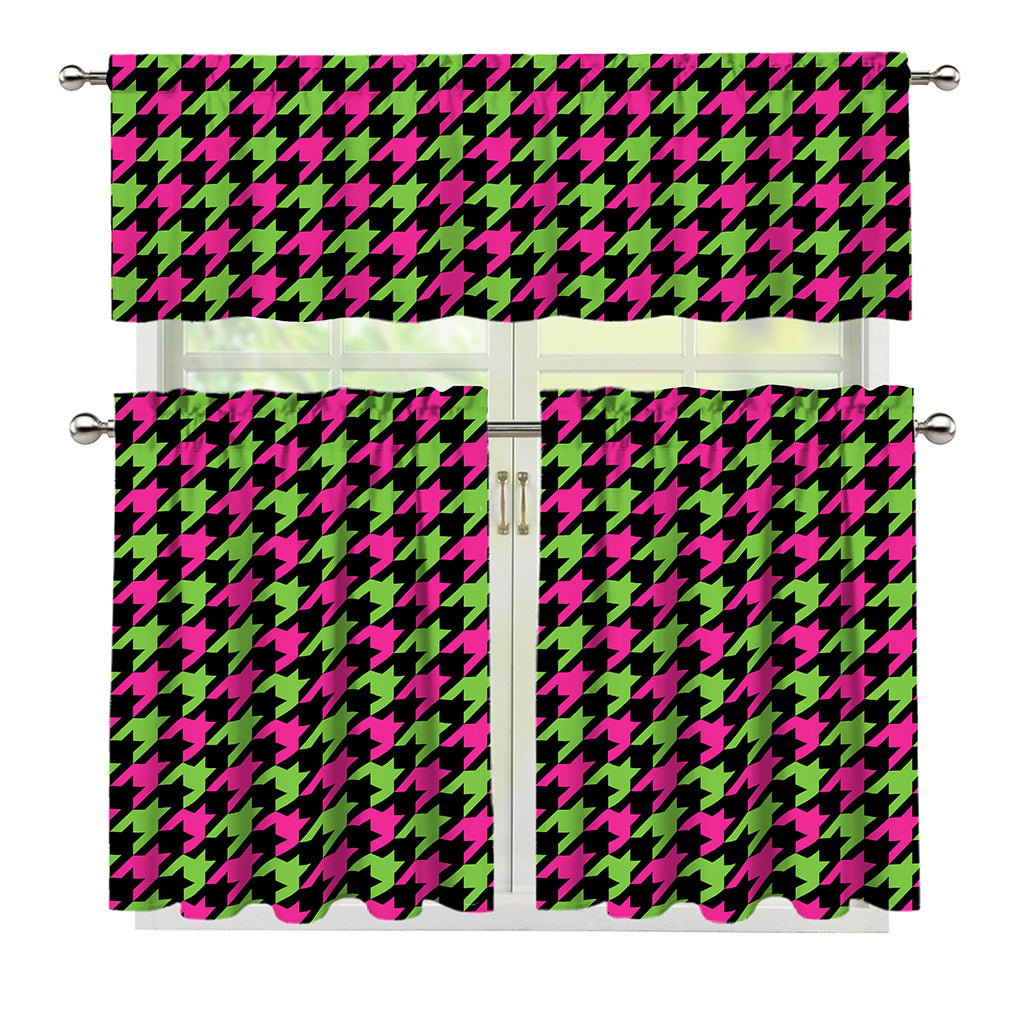Pink And Green Houndstooth Pattern Print 3 Piece Kitchen Curtains