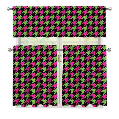 Pink And Green Houndstooth Pattern Print 3 Piece Kitchen Curtains