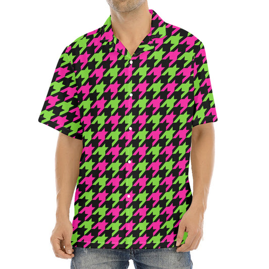 Pink And Green Houndstooth Pattern Print Aloha Shirt