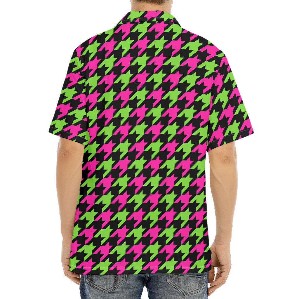 Pink And Green Houndstooth Pattern Print Aloha Shirt