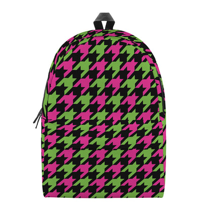 Pink And Green Houndstooth Pattern Print Backpack