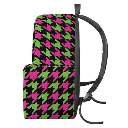 Pink And Green Houndstooth Pattern Print Backpack