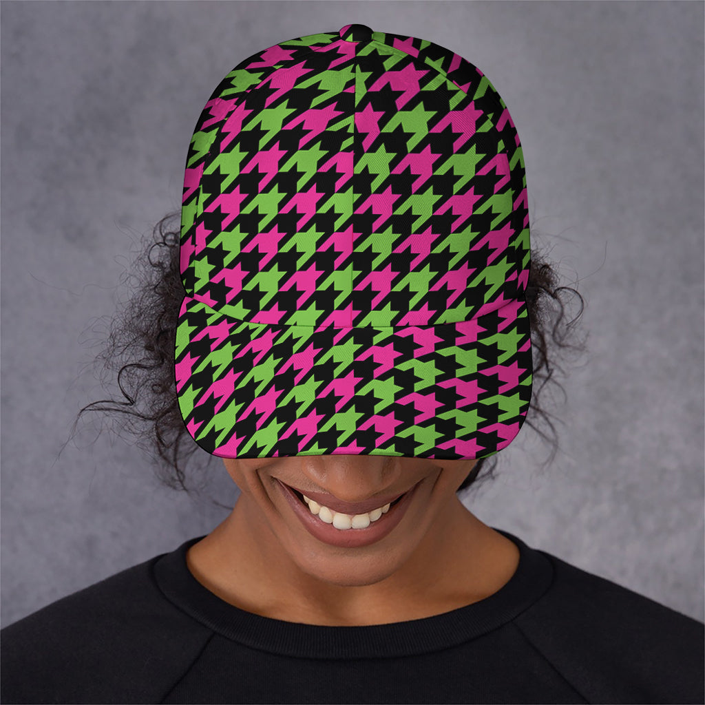 Pink And Green Houndstooth Pattern Print Baseball Cap