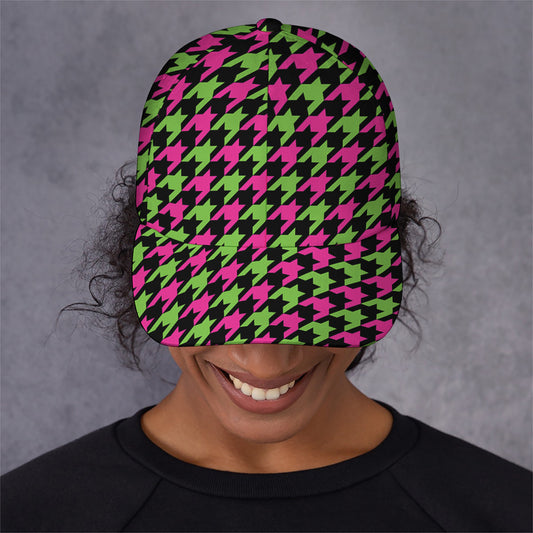 Pink And Green Houndstooth Pattern Print Baseball Cap