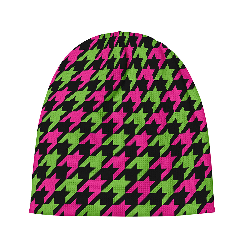 Pink And Green Houndstooth Pattern Print Beanie