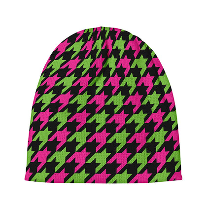 Pink And Green Houndstooth Pattern Print Beanie