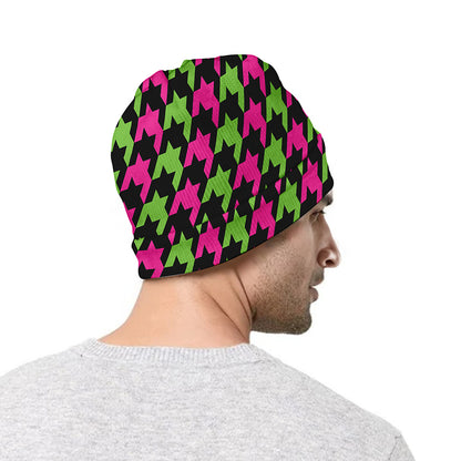 Pink And Green Houndstooth Pattern Print Beanie