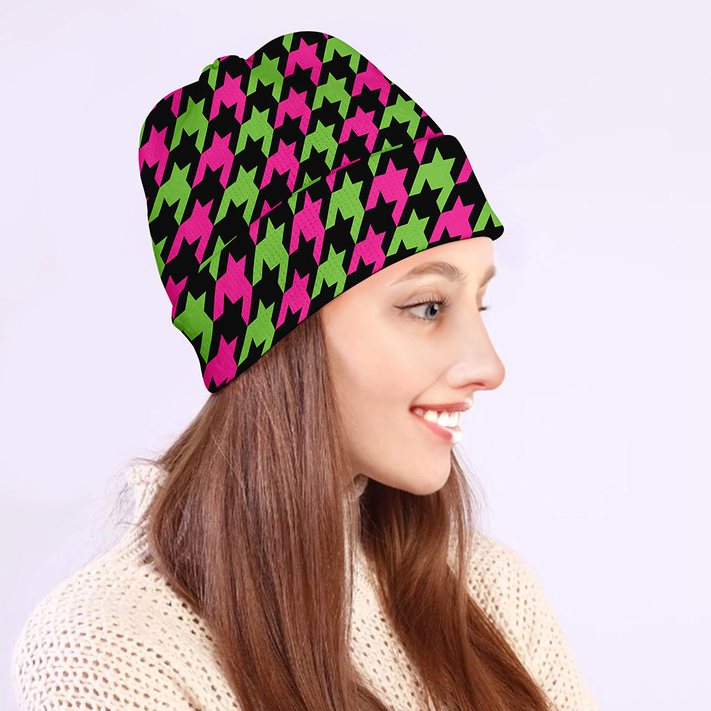 Pink And Green Houndstooth Pattern Print Beanie