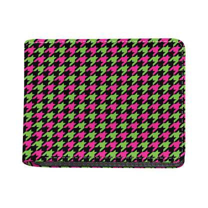 Pink And Green Houndstooth Pattern Print Bifold Wallet