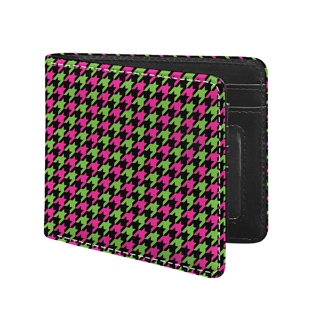 Pink And Green Houndstooth Pattern Print Bifold Wallet