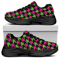 Pink And Green Houndstooth Pattern Print Black Chunky Shoes