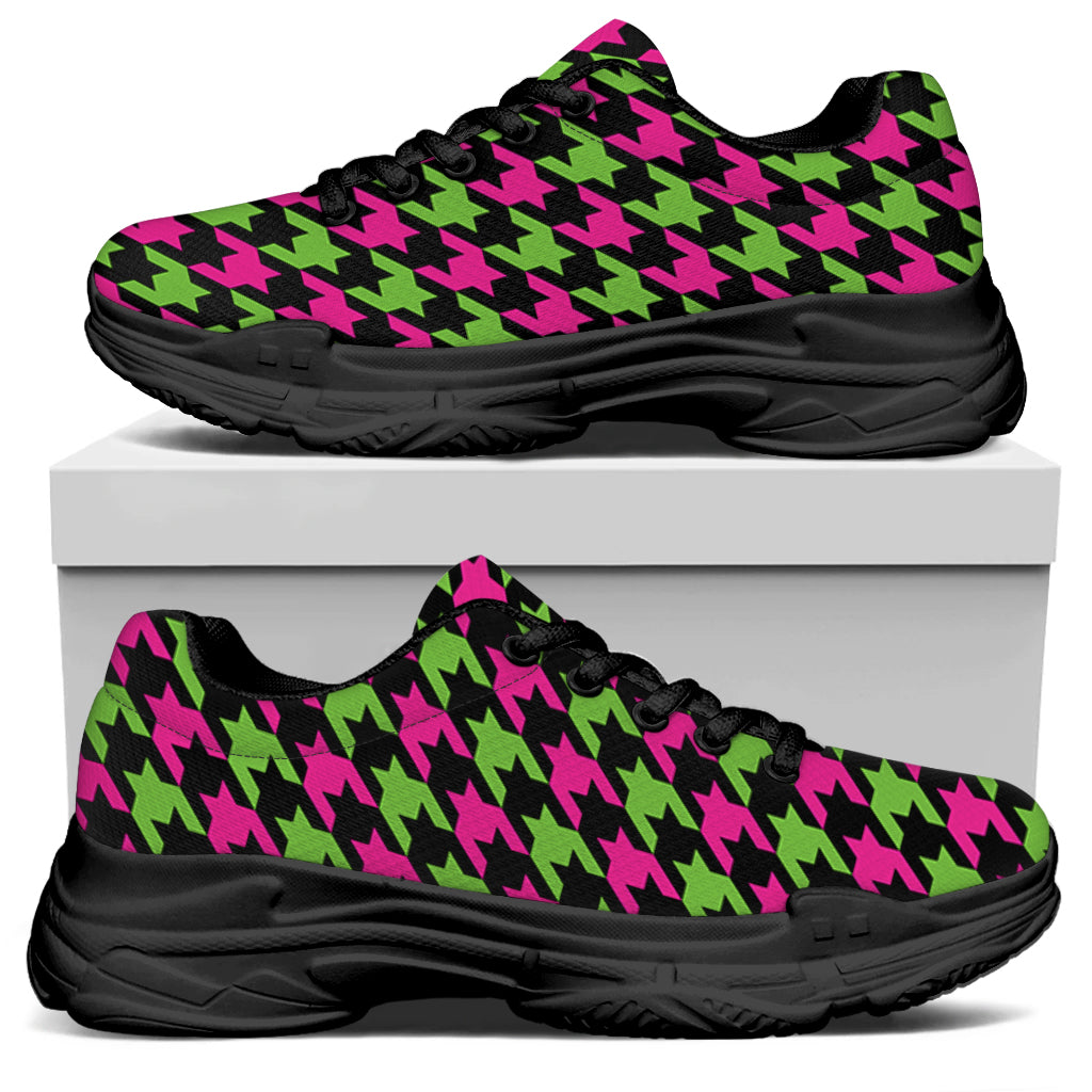 Pink And Green Houndstooth Pattern Print Black Chunky Shoes