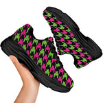 Pink And Green Houndstooth Pattern Print Black Chunky Shoes