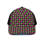 Pink And Green Houndstooth Pattern Print Black Mesh Trucker Cap