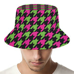 Pink And Green Houndstooth Pattern Print Bucket Hat