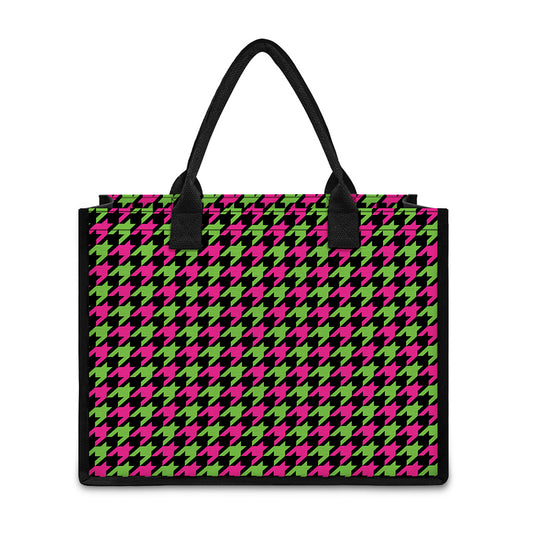 Pink And Green Houndstooth Pattern Print Canvas Tote Bag