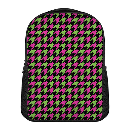 Pink And Green Houndstooth Pattern Print Casual Backpack