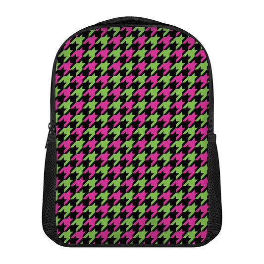 Pink And Green Houndstooth Pattern Print Casual Backpack