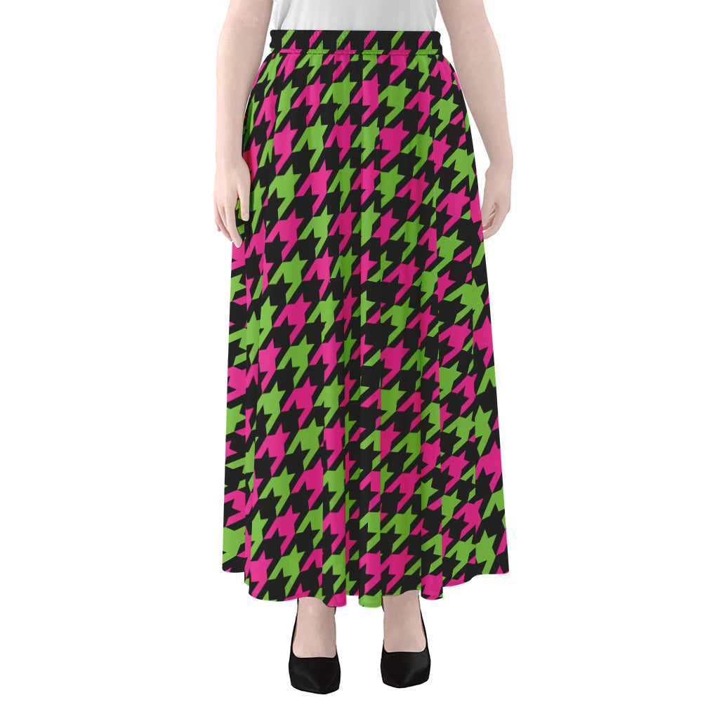 Pink And Green Houndstooth Pattern Print Chiffon Maxi Skirt