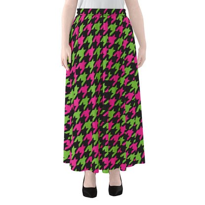 Pink And Green Houndstooth Pattern Print Chiffon Maxi Skirt