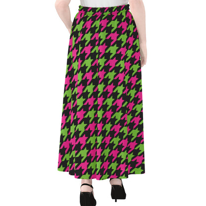 Pink And Green Houndstooth Pattern Print Chiffon Maxi Skirt