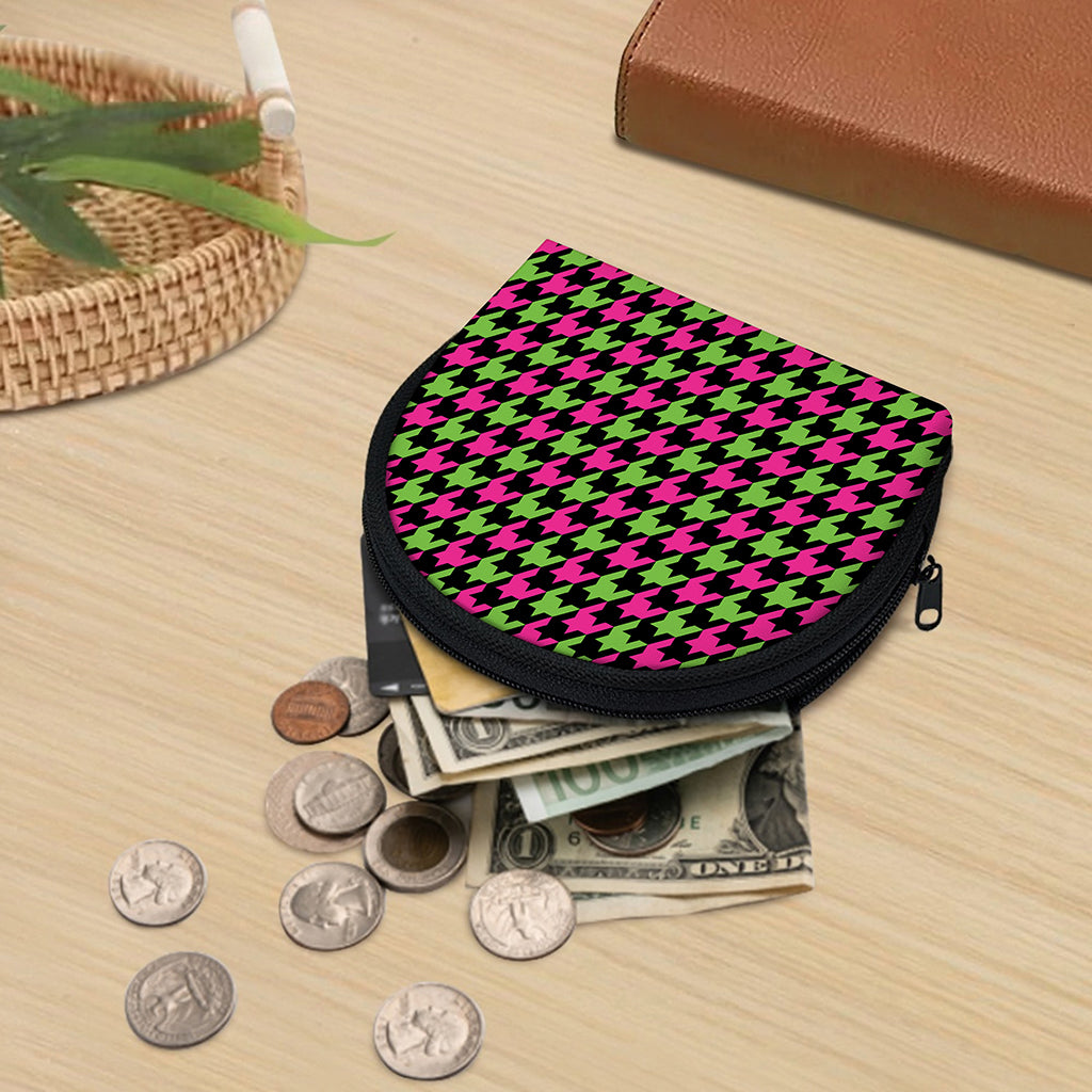 Pink And Green Houndstooth Pattern Print Coin Purse
