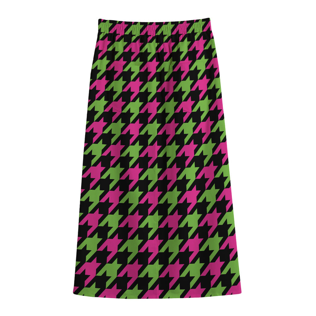 Pink And Green Houndstooth Pattern Print Cotton Front Slit Maxi Skirt