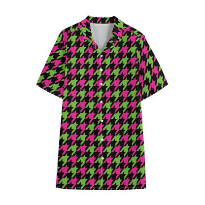 Pink And Green Houndstooth Pattern Print Cotton Hawaiian Shirt