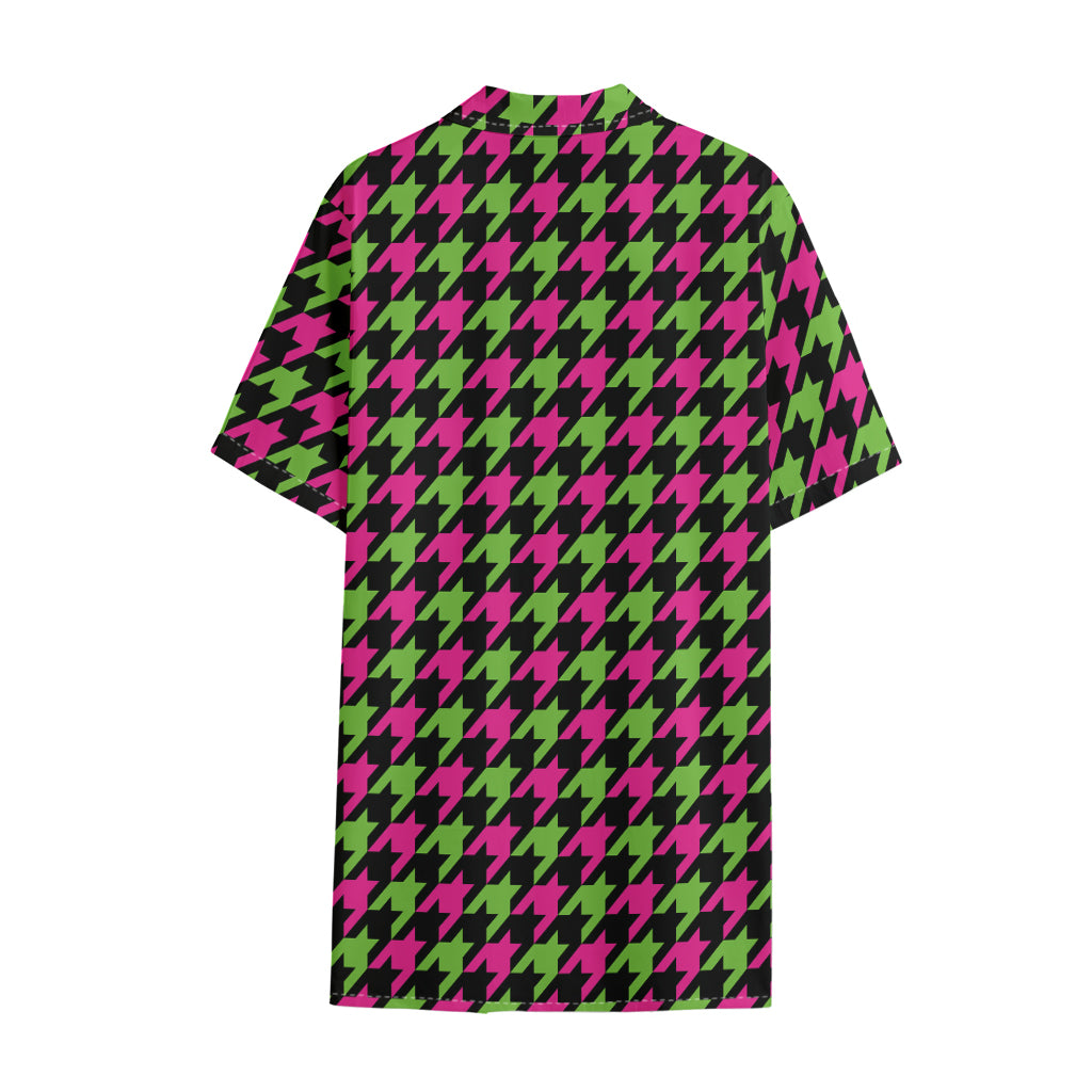 Pink And Green Houndstooth Pattern Print Cotton Hawaiian Shirt