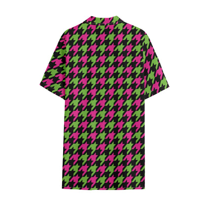 Pink And Green Houndstooth Pattern Print Cotton Hawaiian Shirt