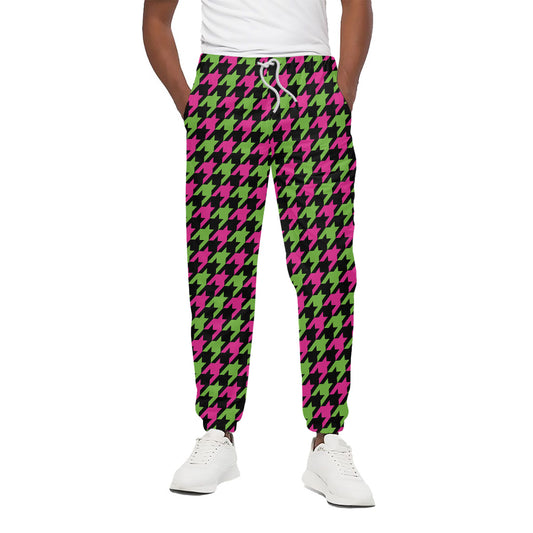 Pink And Green Houndstooth Pattern Print Cotton Pants