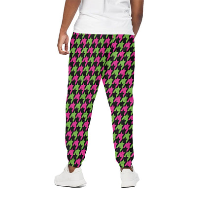 Pink And Green Houndstooth Pattern Print Cotton Pants