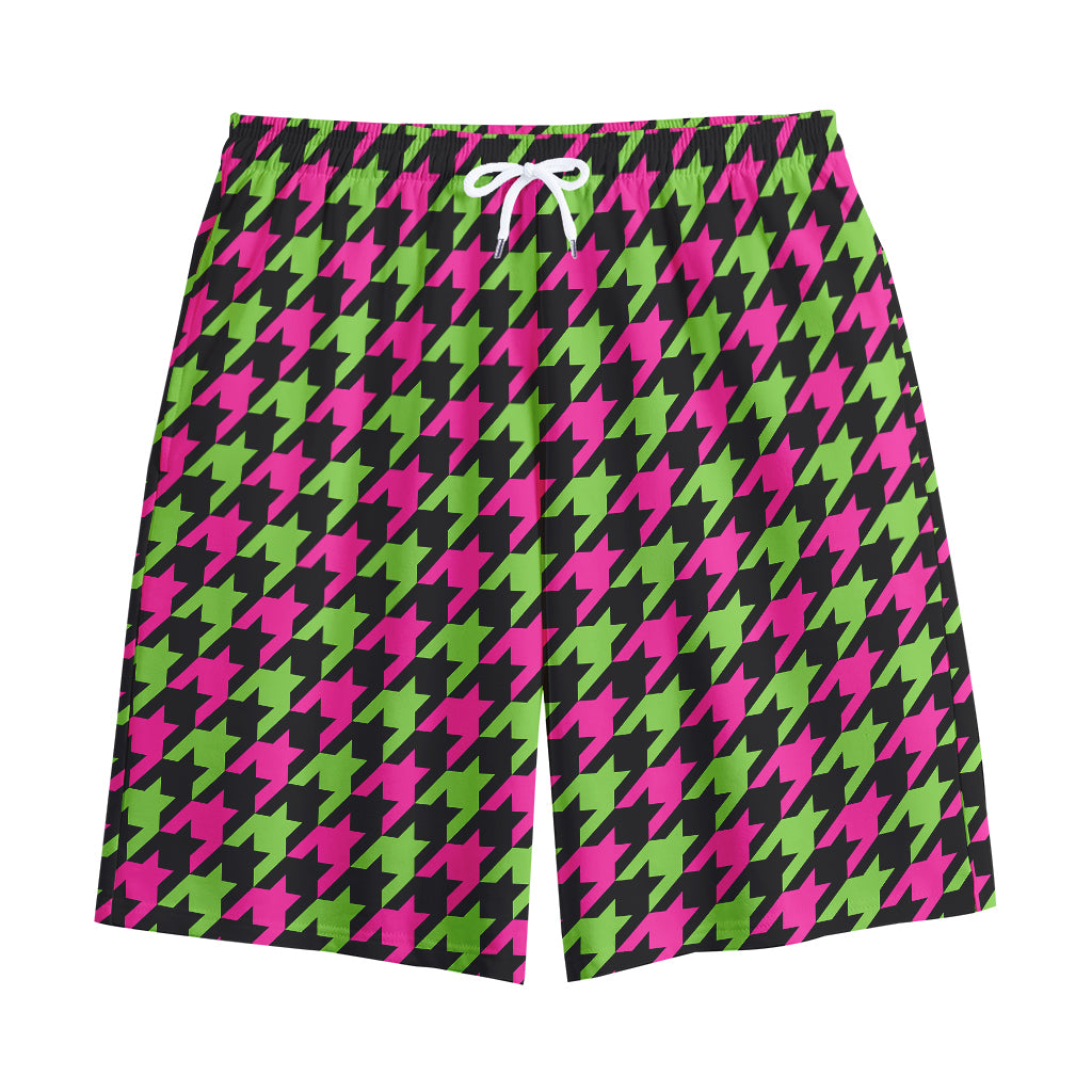 Pink And Green Houndstooth Pattern Print Cotton Shorts