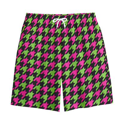 Pink And Green Houndstooth Pattern Print Cotton Shorts