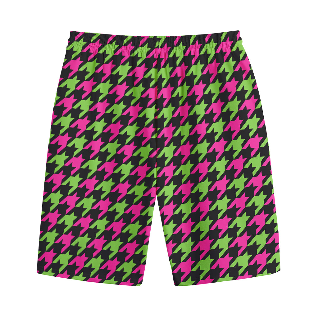 Pink And Green Houndstooth Pattern Print Cotton Shorts