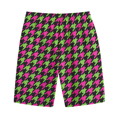 Pink And Green Houndstooth Pattern Print Cotton Shorts