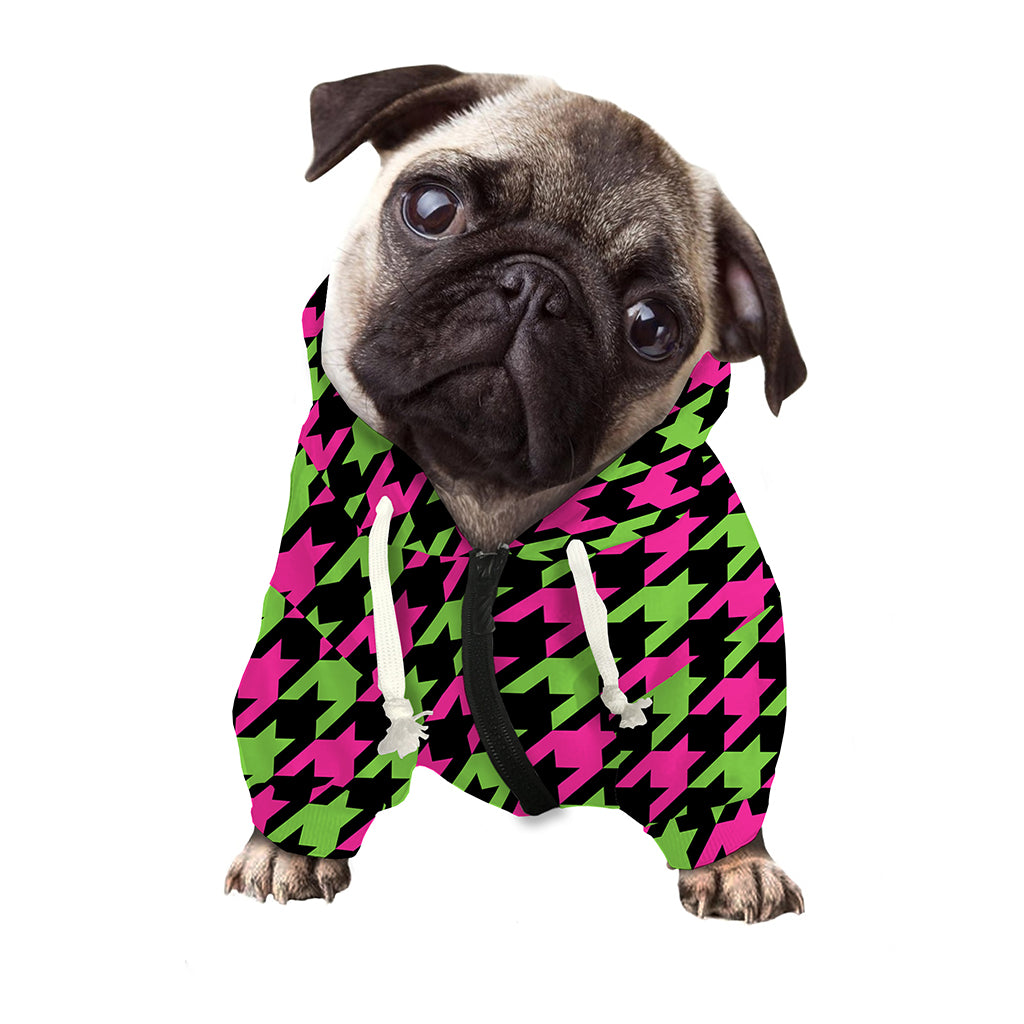 Pink And Green Houndstooth Pattern Print Dog Zip Up Hoodie