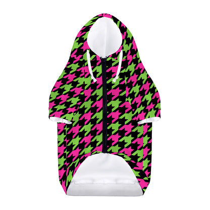 Pink And Green Houndstooth Pattern Print Dog Zip Up Hoodie