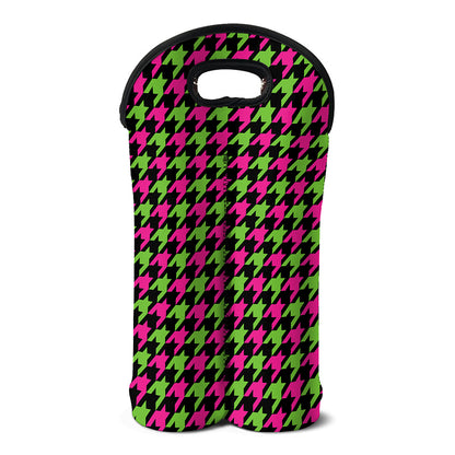Pink And Green Houndstooth Pattern Print Double Neoprene Wine Tote