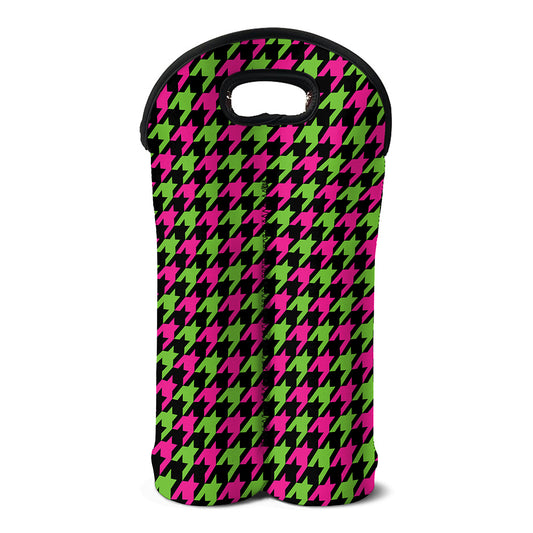Pink And Green Houndstooth Pattern Print Double Neoprene Wine Tote