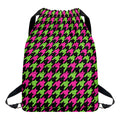 Pink And Green Houndstooth Pattern Print Drawstring Backpack