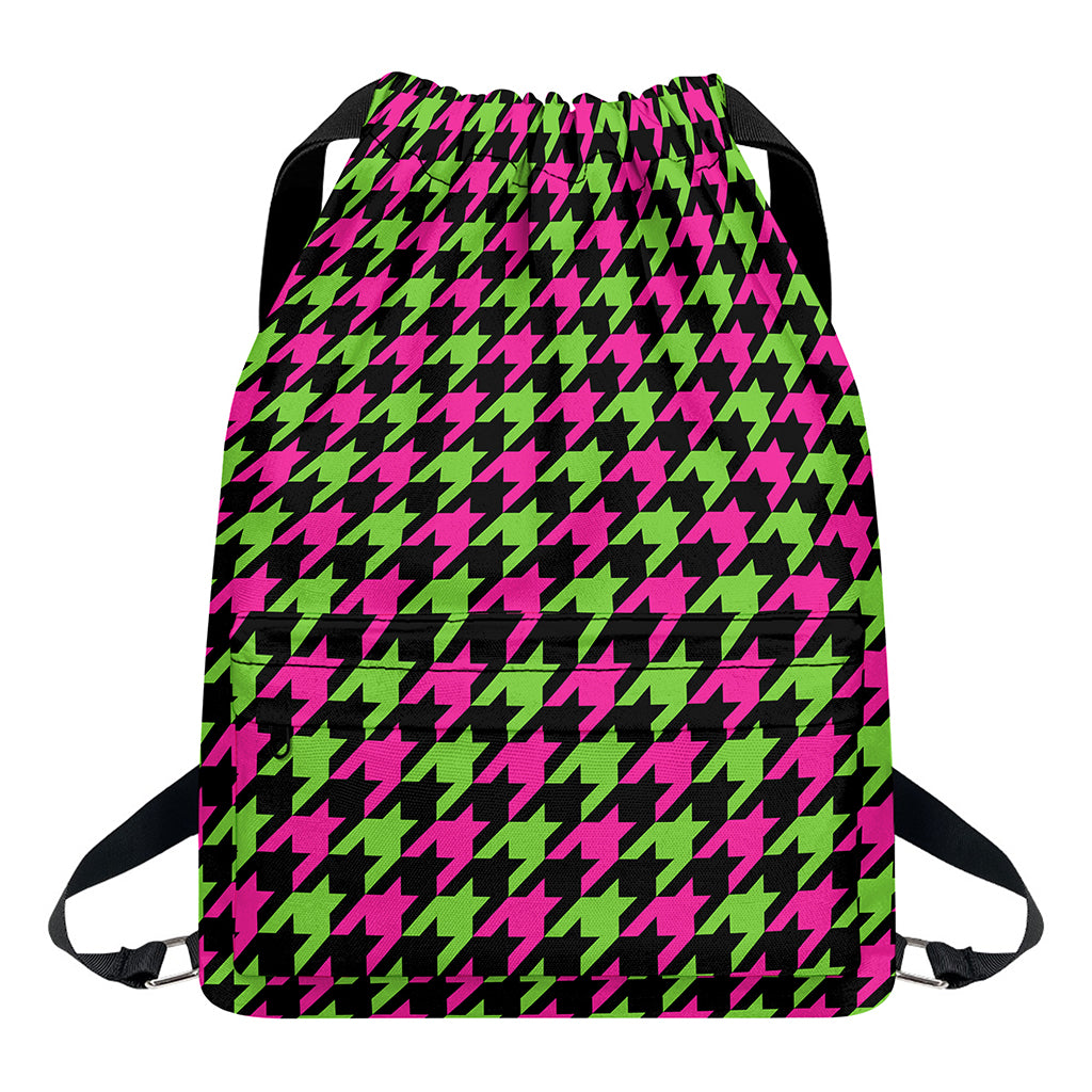 Pink And Green Houndstooth Pattern Print Drawstring Backpack