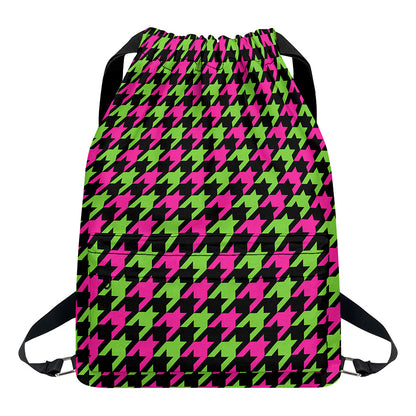 Pink And Green Houndstooth Pattern Print Drawstring Backpack
