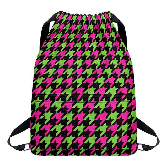 Pink And Green Houndstooth Pattern Print Drawstring Backpack