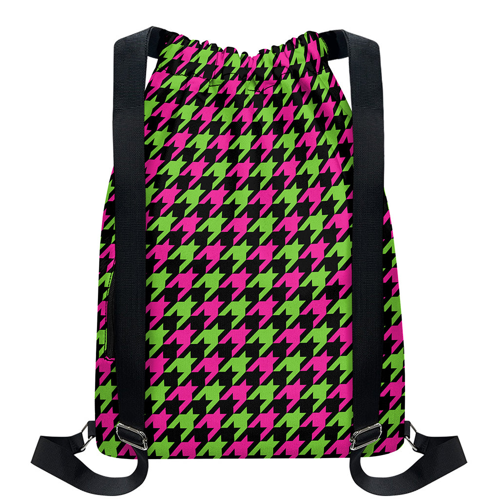 Pink And Green Houndstooth Pattern Print Drawstring Backpack
