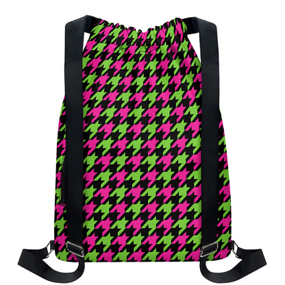 Pink And Green Houndstooth Pattern Print Drawstring Backpack