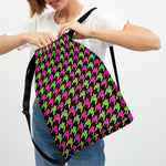 Pink And Green Houndstooth Pattern Print Drawstring Backpack